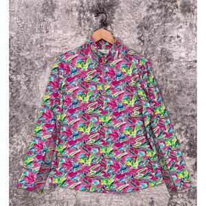 New Ibkul Top Large Womens Long Sleeve 1/4 Zip Hot Pink Peacock Print
